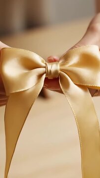 Hands skillfully tying a beautiful golden satin bow, showcasing the intricate details and smooth texture, with a gradual zoom in on the elegant ribbon and its flowing tails, capturing the crafting pro