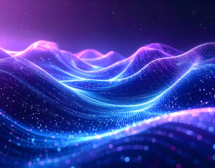 Abstract Neon Glowing Data Streams and Wavy Landscape with Stars, Digital Technology Background.