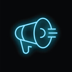 Blue neon megaphone is making an announcement on a black background