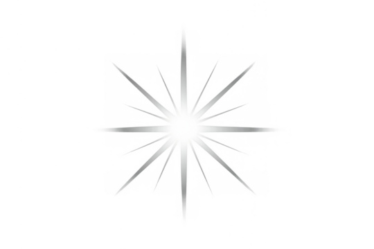 White light star effect with lens flare and shiny bright rays on transparent background, glowing graphic element