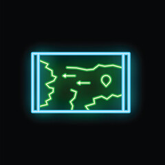 Neon green glowing map showing a planned route with arrows and a destination point icon
