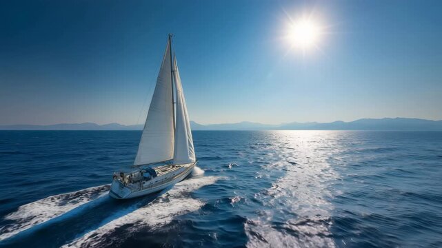 夏の青空の海原を進む白い帆船の風景