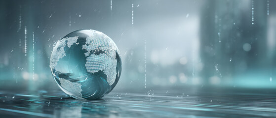 Digital globe with dotted map on reflective surface, futuristic cool tone, calm mood