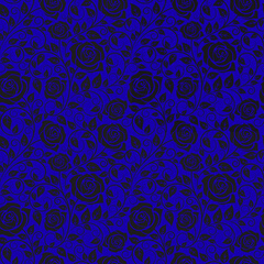 A seamless pattern of dark roses and leaves on a vibrant blue background creating a floral design repeat