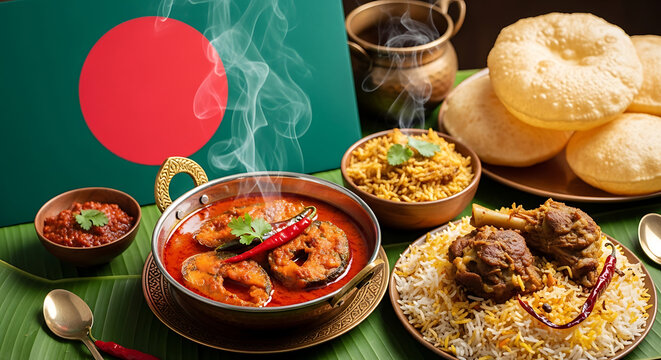 Bangladesh Flag with Hilsa Fish Curry, Kacchi Biryani, and Luchi &ndash; 8K Ultra Realistic Traditional Bangladeshi Food Photography