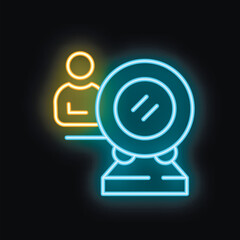 Neon icon of a businessman analyzing himself looking in a round mirror