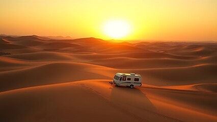 caravan. A caravan moves across golden sand dunes under a vibrant sunset in a vast desert landscape. inspiring travel planning, tourism brochures, designed for travel destination branding.