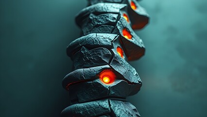 foremost. A sculptural representation of a human spine made of cracked stone with five points of intense pressure glowing warmly. wellbeing guides.