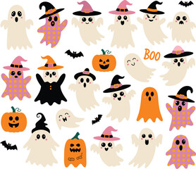 Cute Halloween ghost and pumpkin collection, cartoon witch hats, spooky bats, smiling ghosts, festive vector illustration, adorable holiday decoration art