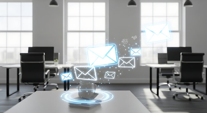 modern office interior, soft natural light, technology communication concept, floating digital holographic letter icons,