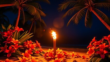 cryptogram. Tropical flowers and a flickering torch on a night beach. lifestyle magazines, social media lookbooks, designed for influencer and brand collaborations, drives engagement.