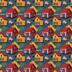 Seamless pattern of colorful houses with geometric shapes on a blue background