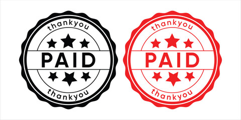 Paid Thank You Stamp or Invoice Seal, Receipt Mark with Stars, Financial Transaction Approved Label, Vector Illustration in Black and Red Circle Design