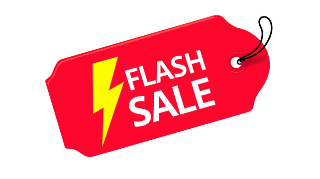 Red sale tag with white text and yellow lightning bolt on transparent background