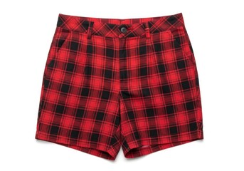 A pair of red and black plaid shorts featuring a button closure belt loops and pockets displayed flat against a white background
