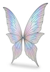 A pair of shimmering iridescent wings with delicate vein patterns displaying pastel colors on a white background with a shadow