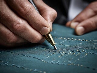 Craftsmanship shines through intricate hand stitching with precision tools revealing the artistry behind personalized textile design and the tactile texture of fabric artistry