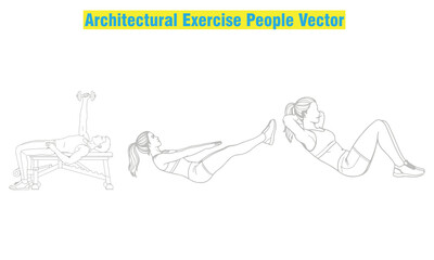Architectural exercise people vector set featuring detailed silhouettes of men and women in various workout and fitness poses. Perfect for gym illustration, fitness concept design, body movement. 