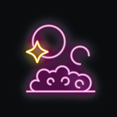 Neon sign showing a moon shining over clouds at night