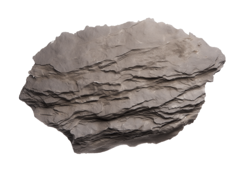 Close-up of layered dark gray rock formation with concentric strata on transparent background