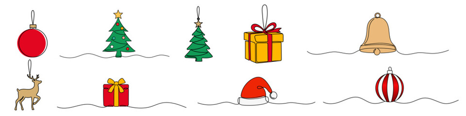 Set of Christmas line set toy decoration arts, continuous line vector Editable stroke