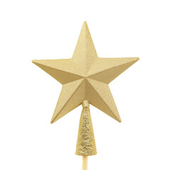Fototapeta premium Golden star-shaped Christmas tree topper with glittery finish on wooden stick, isolated on transparent background