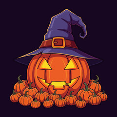 A cheerful glowing jack-o'-lantern wearing a witch's hat, surrounded by many small pumpkins on a dark background, perfect for Halloween.