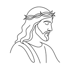 Line drawing of Jesus Christ with crown of thorns. Linear background. Vector illustration Editable stroke