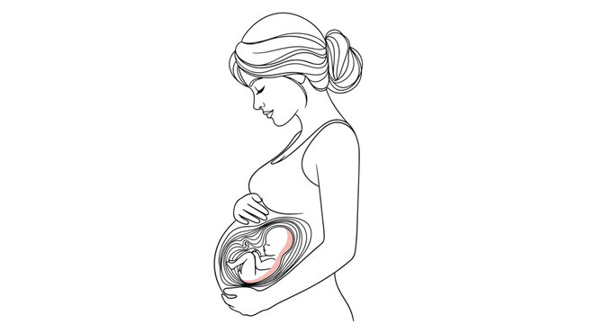 Line drawing of a pregnant woman holding her belly, showing a fetus inside the womb.