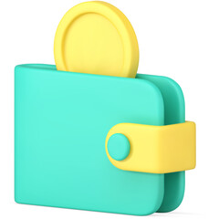 Turquoise Wallet with Golden Coin Slot and Yellow Coin for Digital Marketing Illustration Isolated on Transparent Background