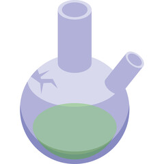 Transparent Round Bottom Flask With Side Arm Containing Light Green Liquid Laboratory Glassware With Light Purple Tint And Visible Crack On Surface Isolated On White Background Studio Shot