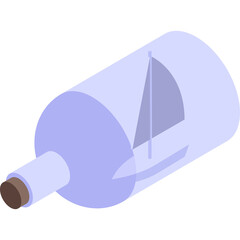 Transparent vector illustration of a sailboat inside a glass bottle with a cork stopper featuring a blue sail and white hull isolated on a white background
