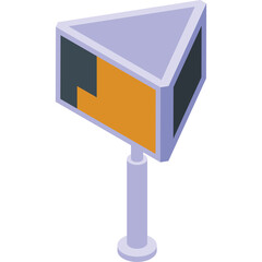 Triangular prism sign with purple and orange panels on a pole against a white background