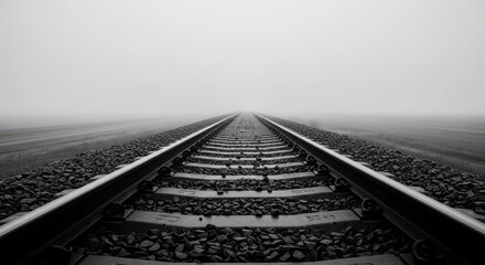 A black and white image of railroad tracks disappearing into the distance through a dense fog
