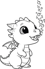Adorable Cartoon Baby Dragon Blowing Bubbles, with a Happy and Playful Expression, Ideal for Fantasy-Themed Children's Coloring Books and Activities
