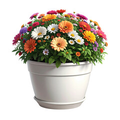 A vibrant ceramic pot overflows with a variety of colorful blooming flowers