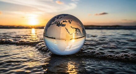 Obraz premium Crystal globe reflecting sunset on the beach, symbolizing global awareness and environmental protection