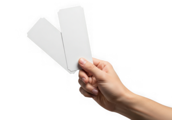 Hand holding two blank white tickets or stubs isolated on transparent background