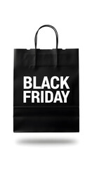 A sleek black shopping bag with “BLACK FRIDAY” written in bold white letters, standing on a smooth white surface with a white background.