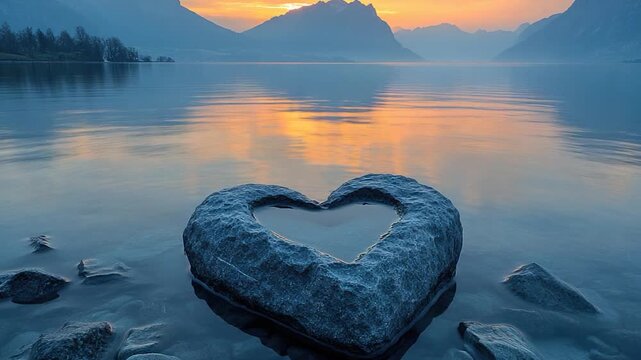 A heart-shaped rock situated in the middle of a serene lake, perfect for romantic or inspirational uses
