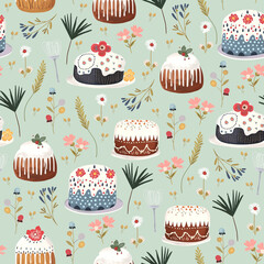 Delightful seamless pattern featuring charming cakes and whimsical flowers in pastel colors