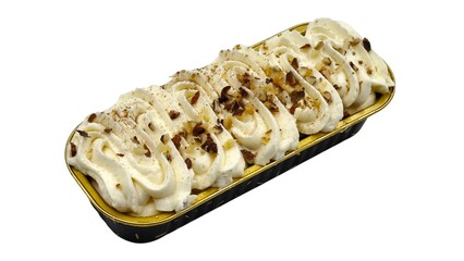 Photo of Ekmek Politiko, a traditional Greek-Constantinopolitan dessert made with syrup-soaked bread, rich vanilla custard, whipped cream, and crushed nuts, isolated on white background.