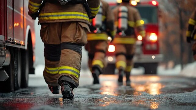 Group of firefighters walking together on a city street