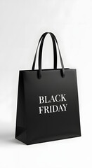 A sleek black shopping bag with “BLACK FRIDAY” written in bold white letters, standing on a smooth white surface with a white background.