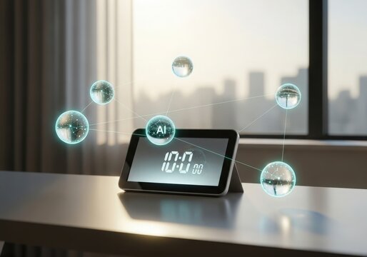 Futuristic tablet displaying ai icons with digital bubbles in modern office setting - Powered by Adobe