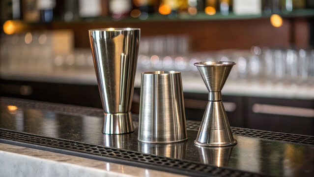 Bartending tools on bar counter gleam under warm light, stainless steel jigger and shaker cups lined with precision craft for mixology focus