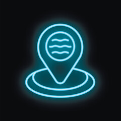 Blue neon pin showing location of swimming pool on black background