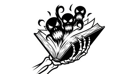 Illustration of skeleton hand holding book with ghosts for halloween