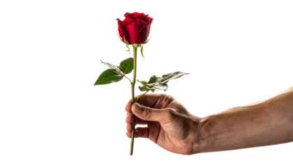  Romantic Gesture Hand Offering Red Rose, Isolated on Transparent Background PNG