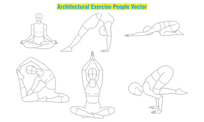 Architectural exercise people vector set featuring male and female silhouettes performing yoga, stretching, and workout poses. Perfect for fitness design, architectural drawings, gym posters.